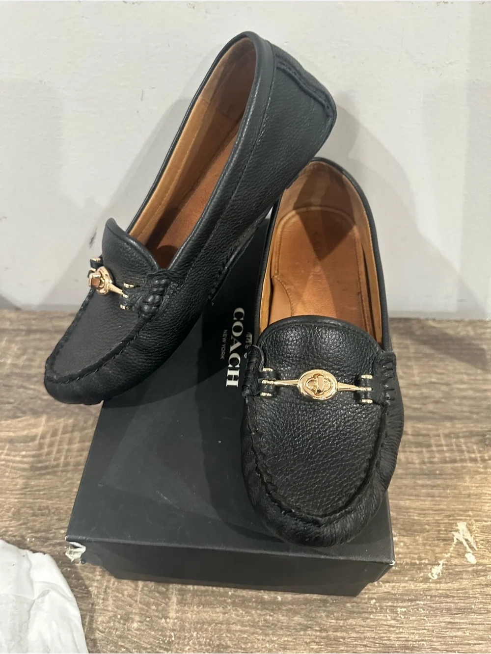 Coach Black Leather Men's Loafers with Gold Bit